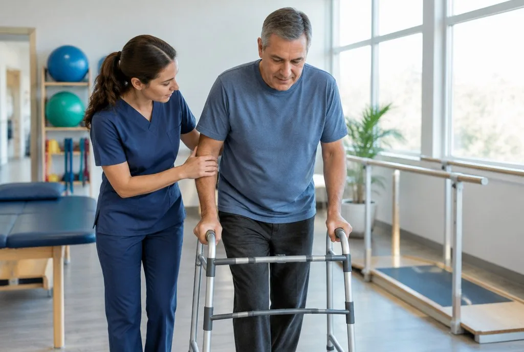 Conditions And Disabilities Among Adults physiotherapist helping an adult with a walker in a clinic