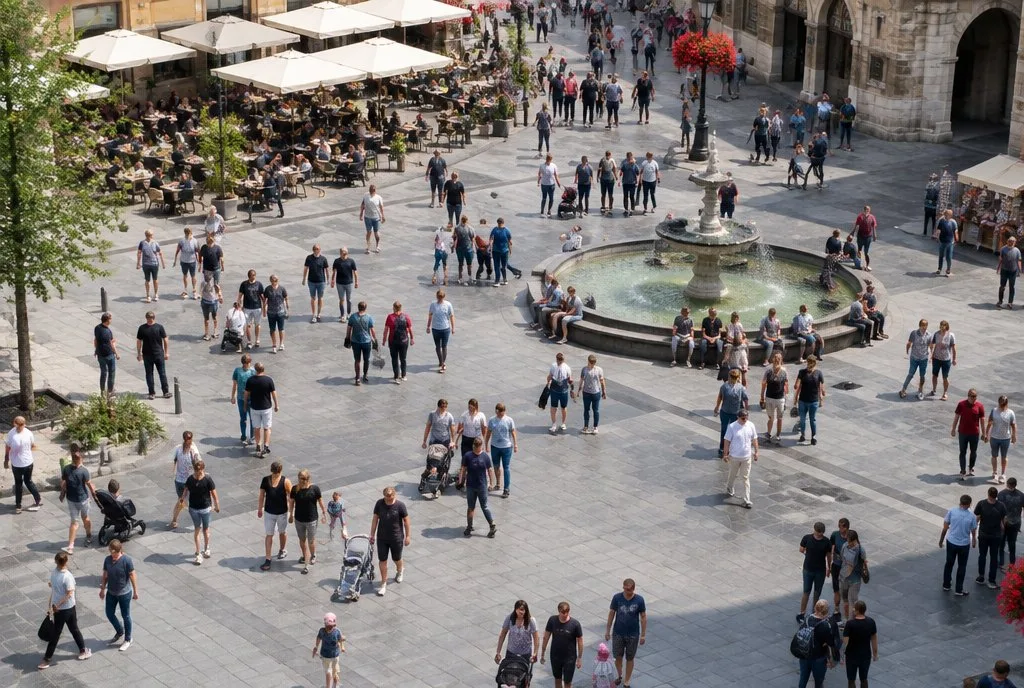 busy town square with people of all ages seen from above