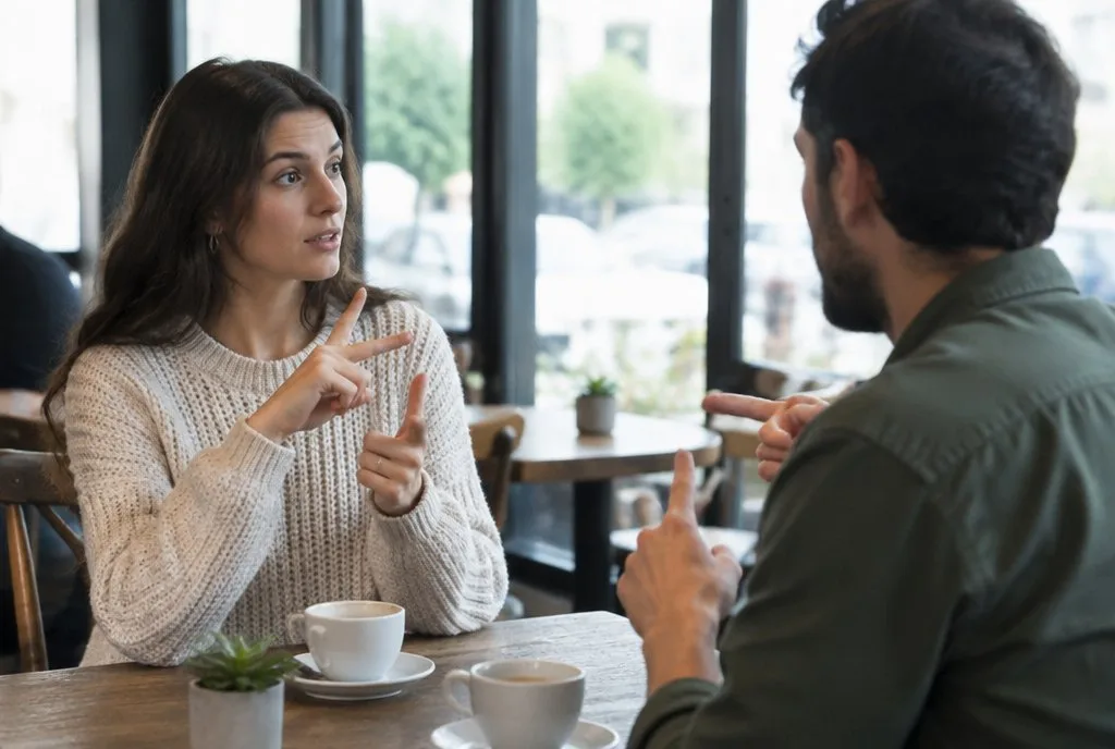 Effective Communication With People With two people communicating in sign language at a cafu00e9 table