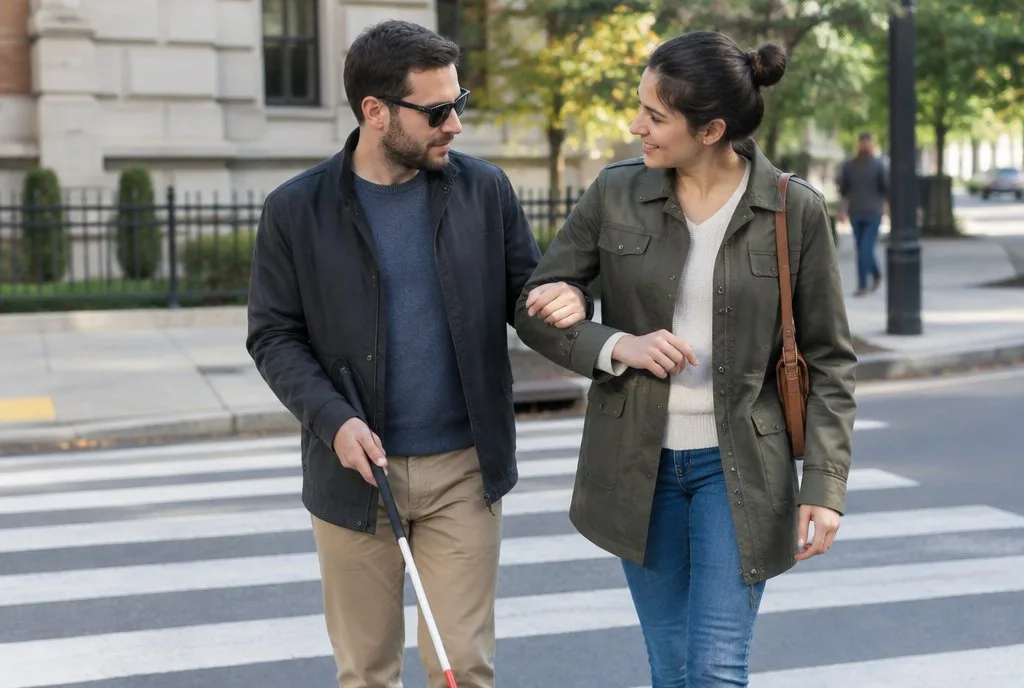 How To Interact People With Disabilities person offering an elbow to a blind man with a white cane at a crosswalk