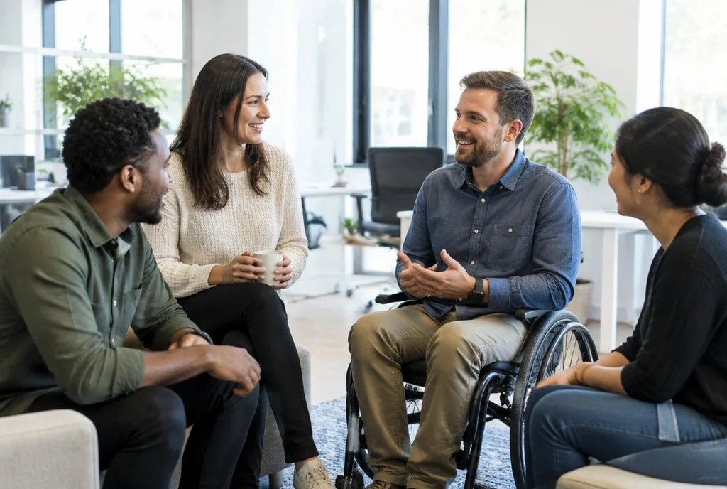 Interacting People With Disabilities coworkers chatting, one using a wheelchair, in a bright office