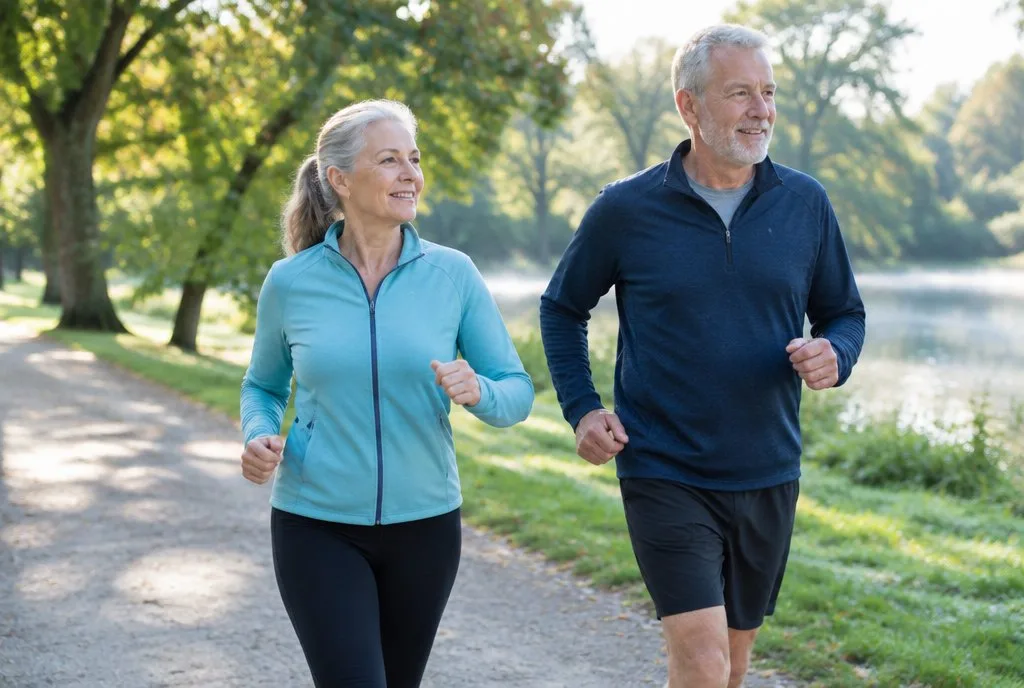 Maintaining Health Among Aged Groups older couple walking briskly on a park path in the morning