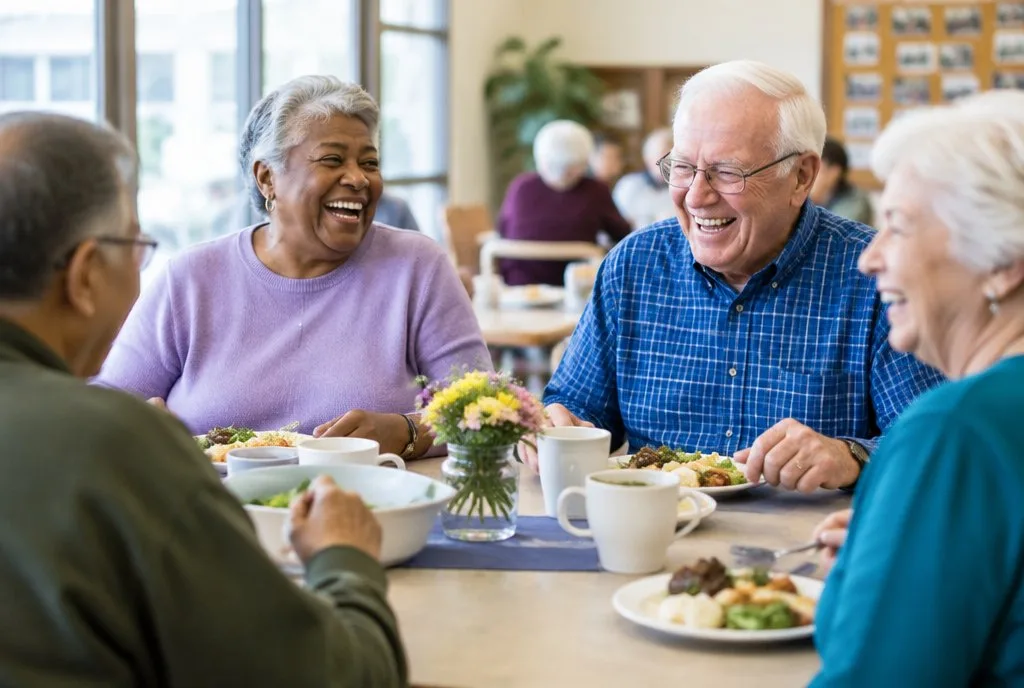 older adults at a community centre lunch table