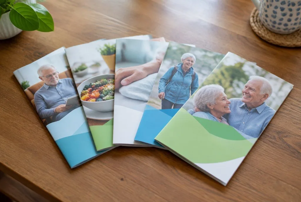 Publications printed guides and leaflets for seniors on a table